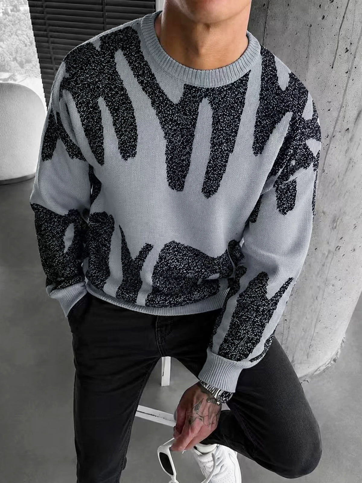 Men's Graffiti Jacquard Crew Neck Knit Sweater
