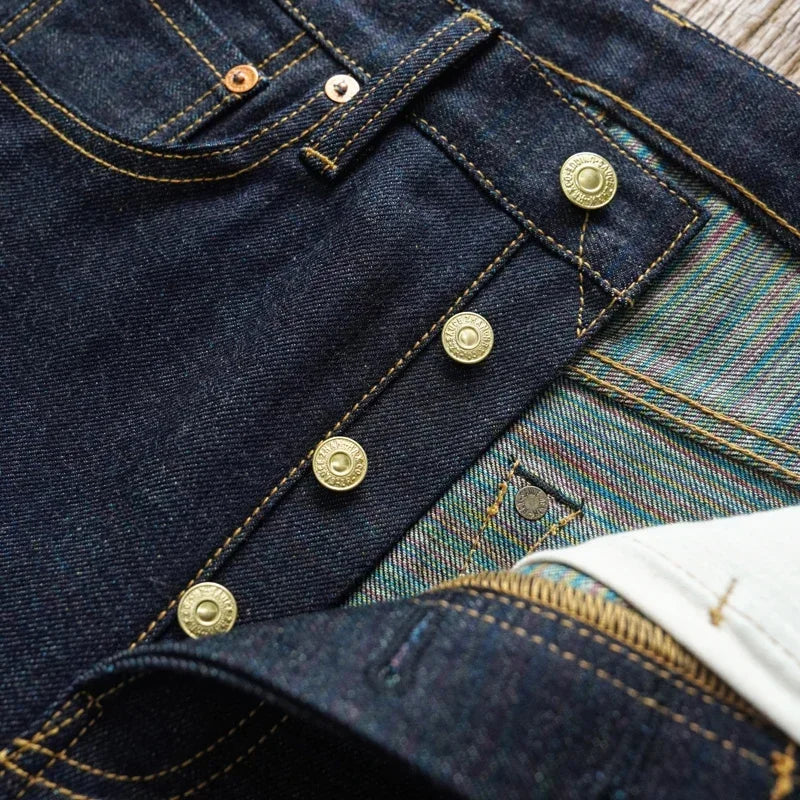 SAUCE ZHAN Mens Jeans Rainbow Sanforized Selvedge Denim Jeans Man Python Skin Labels Regular Fit 14 Oz