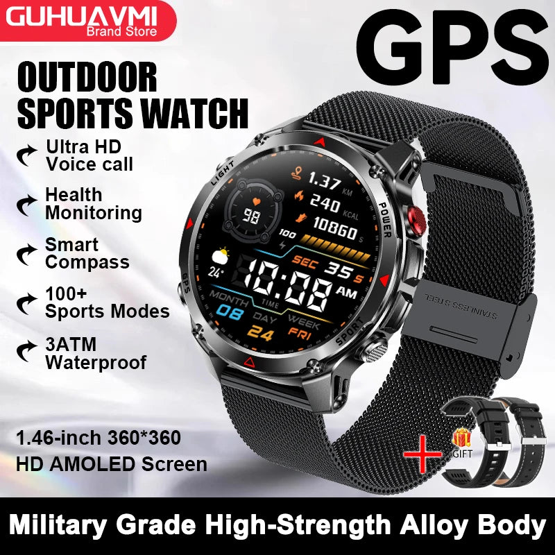 2026 New Military Bluetooth Call Smart Watch Built-in GPS Compass Barometric Altimeter 10ATM Waterproof Sports Smartwatches Men