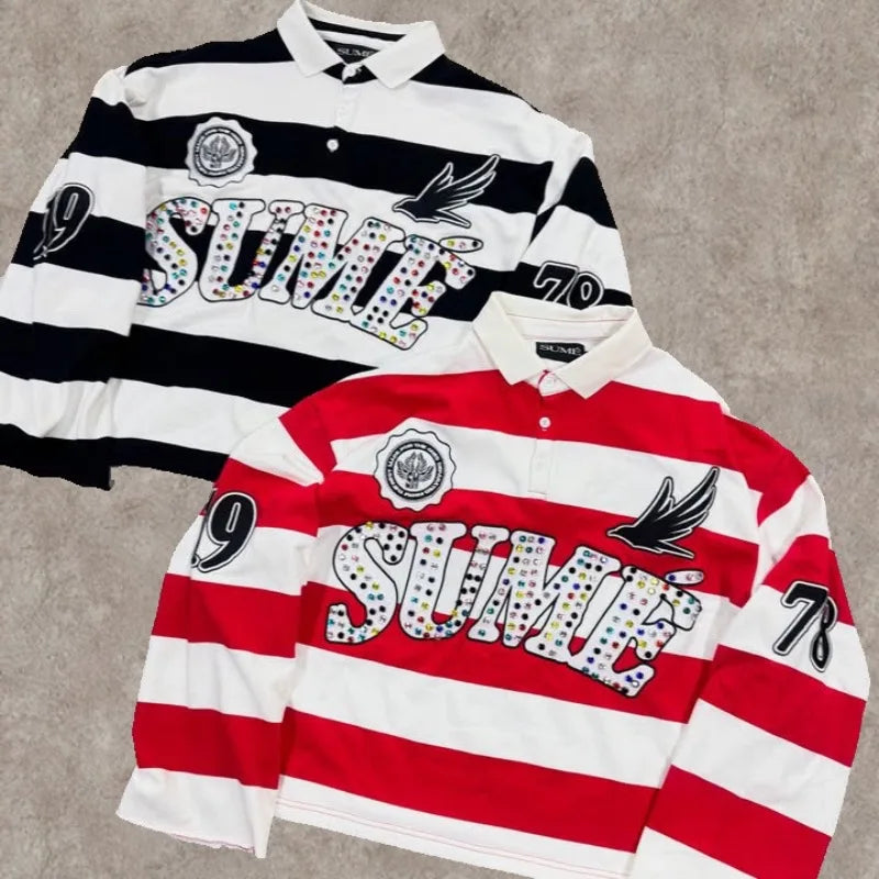 Y2K Retro Stripe Polo Shirt – Embroidered Hip Hop Streetwear