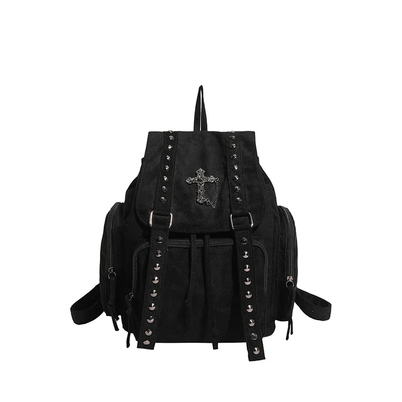 Gothic Punk Backpack Rivets Student School Bag Vintage Duffel Bag with Cross Stud Design Women Large Capacity Travel Bag