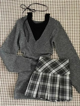 Knitted Suits Autumn Winter Woman V-neck French Vintage Long Sleeve Pullovers Knitwears 2000s Aesthetic Korean Sweater Sets Y2k