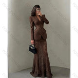 Customized Brown Blazer Lace Mermaid Evening Dress for Women 2026 Elegant Corset Formal Prom Gown, Luxury Business