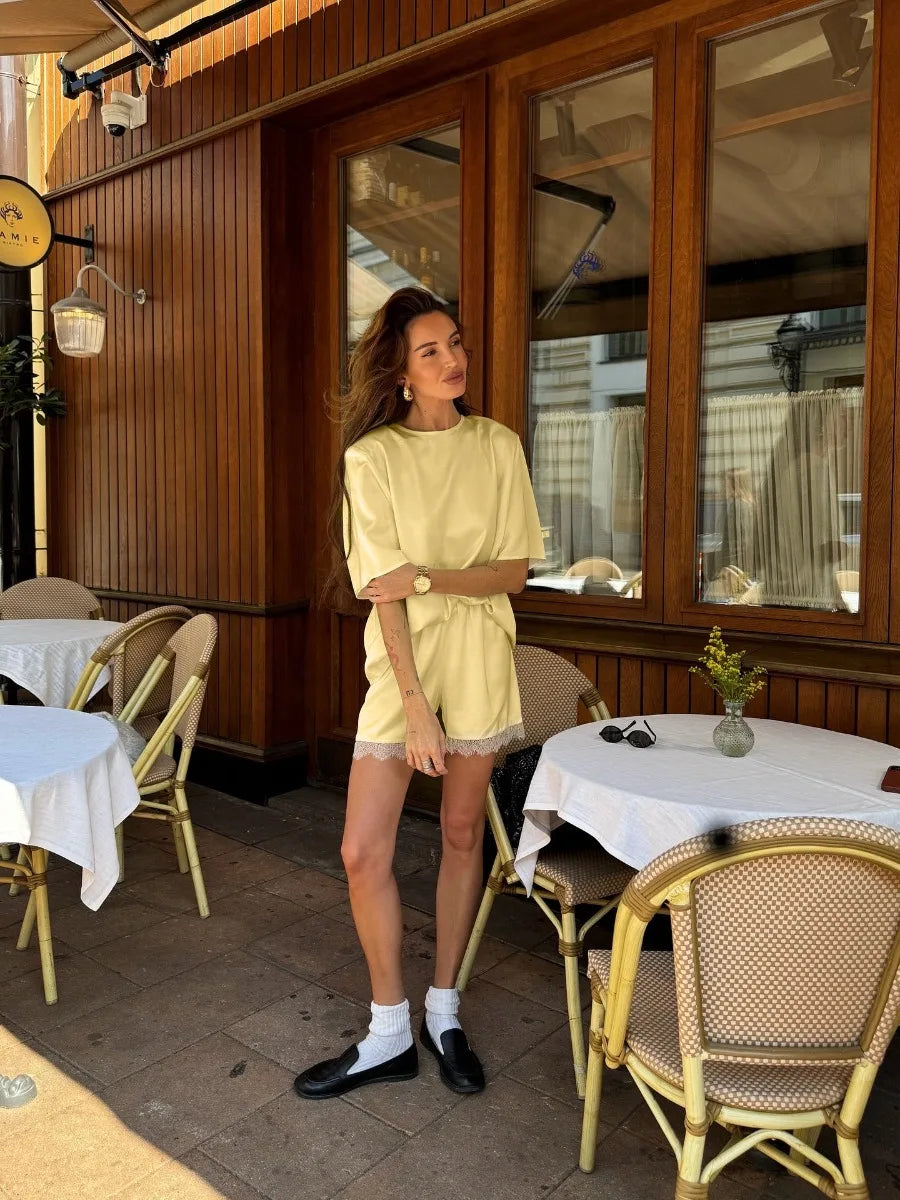 Hirsionsan Loose Sets Women Two Pieces Short Tops & Lace Patchwork Shorts Elegant Female High Quality Outfits Soft Tracksuit