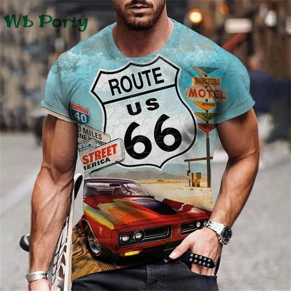 Vintage Route 66 Biker Print Men's Graphic Tee