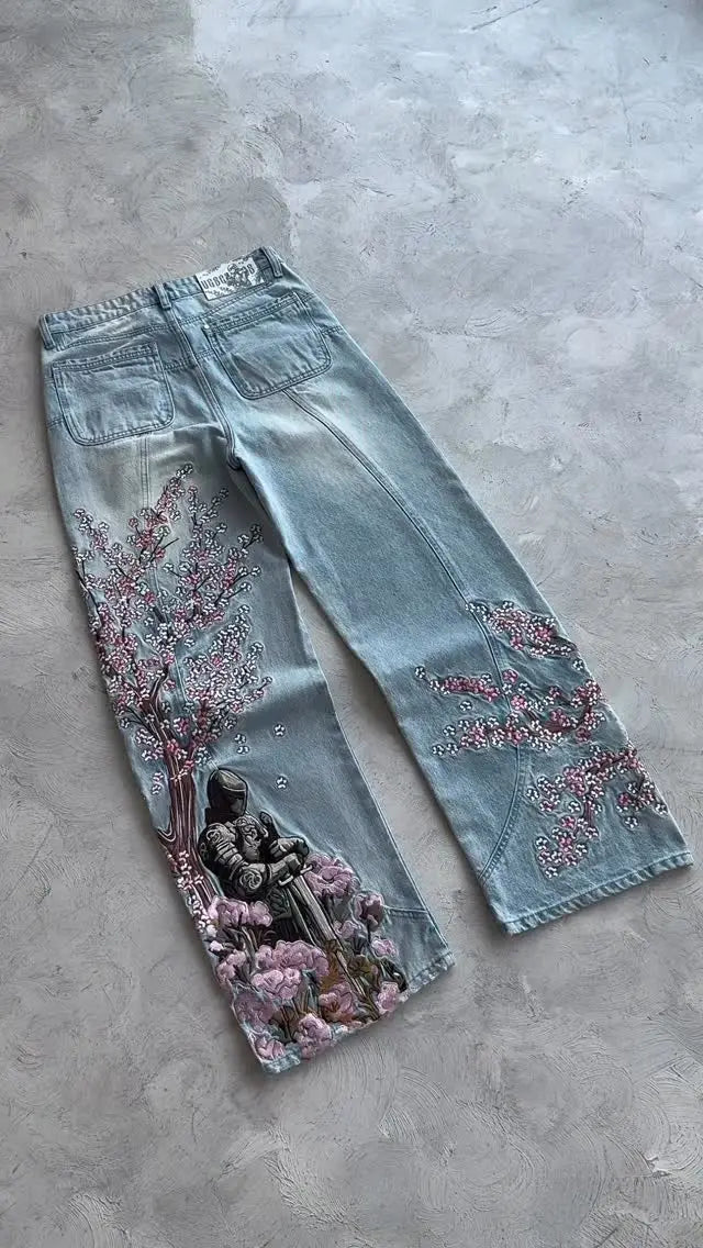 American Fashion Cherry Blossom Knight Embroidered Y2K Jeans