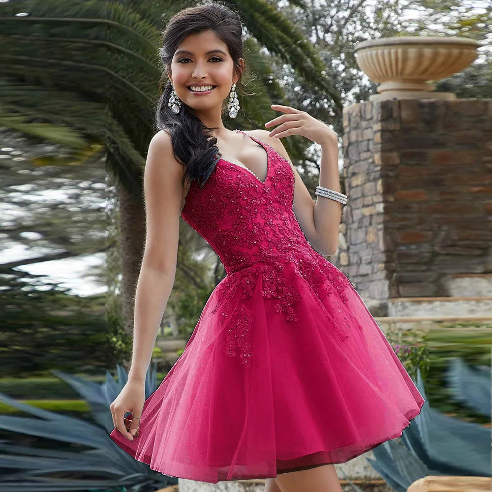 Beading V-Neck Cocktail Dress – Spaghetti Strap Mini Gown