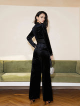 Elegant V-Neck Belted Velvet Jumpsuit – High-End Office & Evening Wear