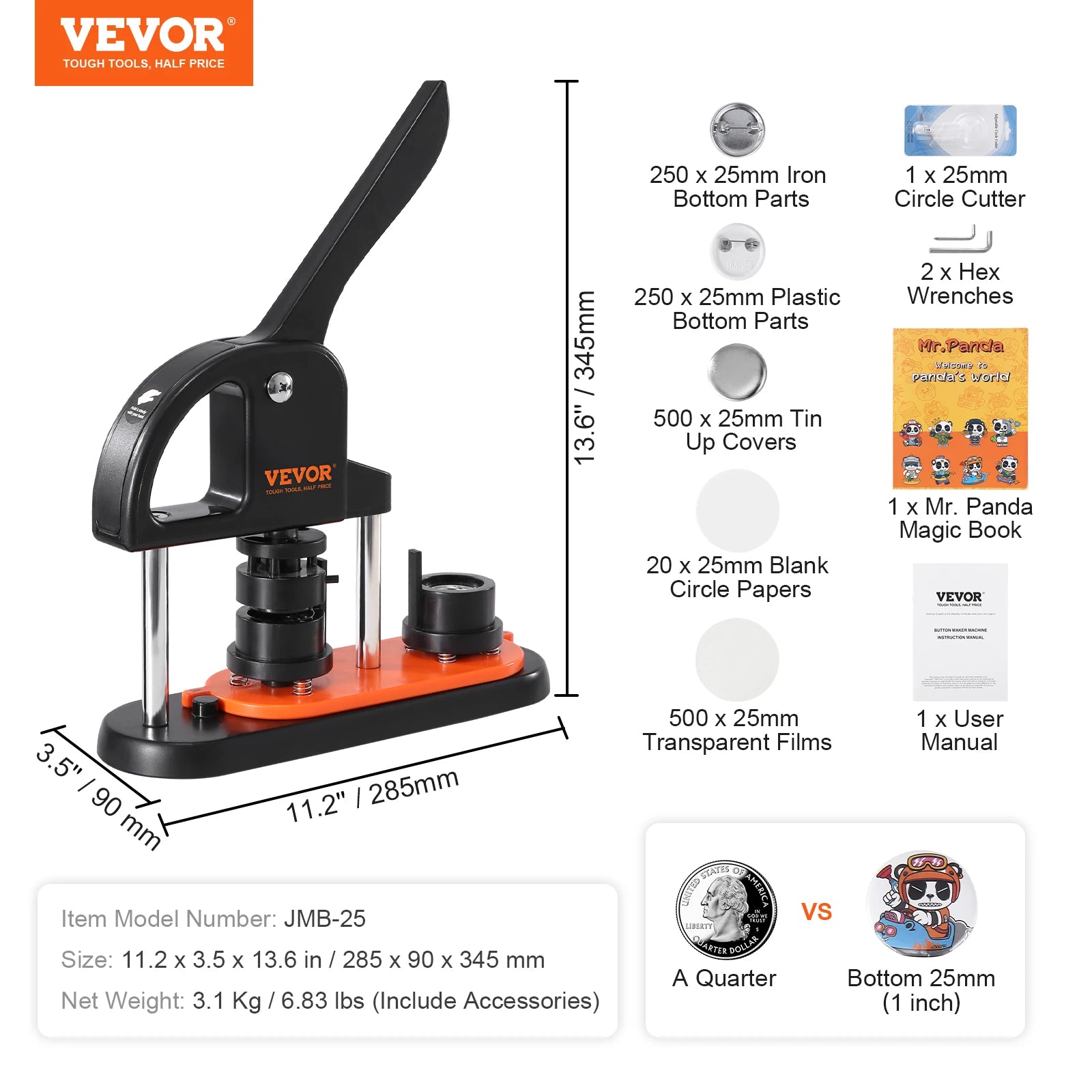 SucceBuy Button Maker 25/32/58 Pin Maker with Button Parts Ergonomic Arc Handle Punch Press Kit Button Maker Machine