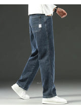 Autumn Winter  Brand New High Waist Jeans Classic Business Casual Office Men's Fashion Stretch Slim Denim Jeans Navy Blue