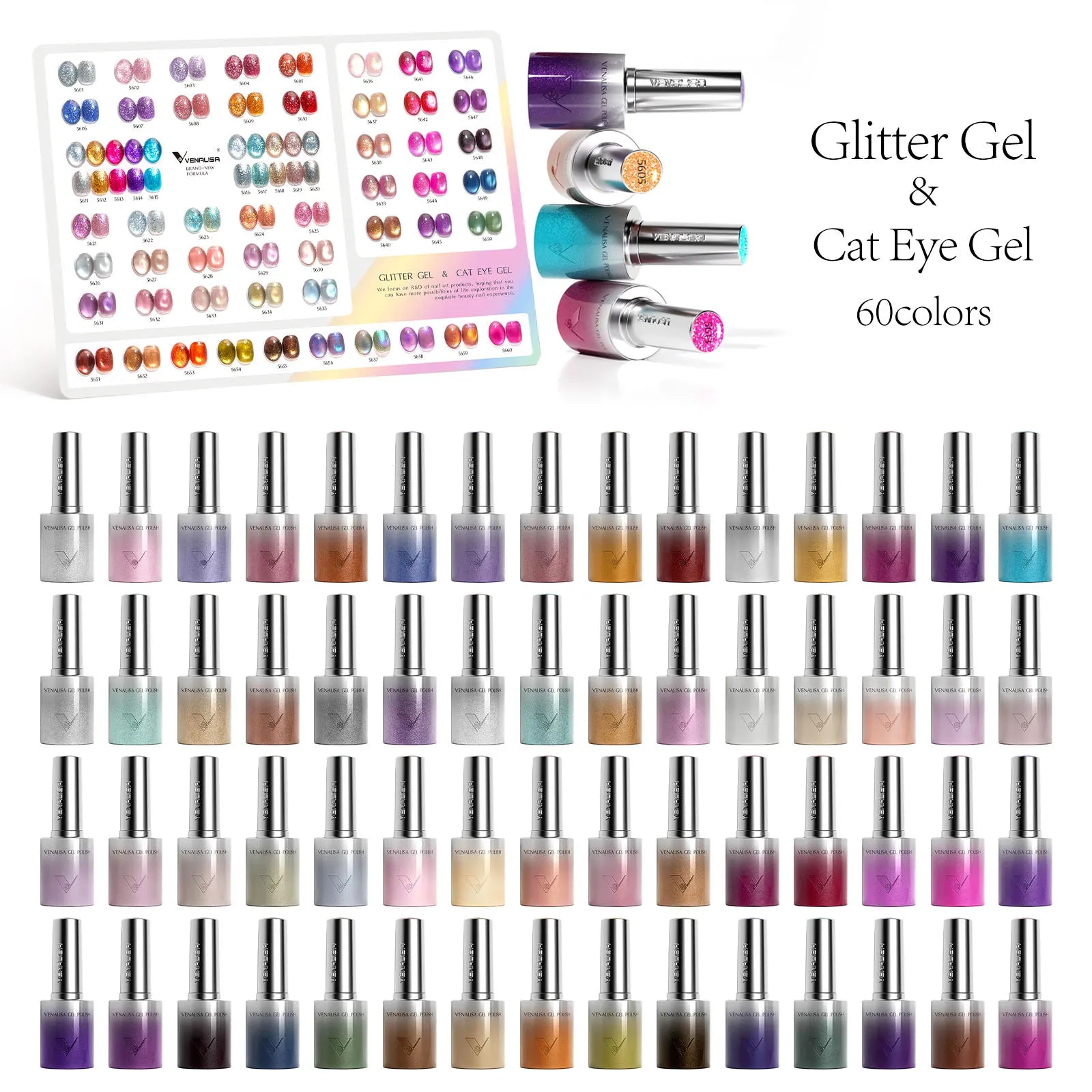 5pcs Venalisa Hema/TPO Free Cat Eye Nail Gel Polish Color Palette Kit Ultra Glitter Diamond Sparkle Soak Off UV LED Varnish Set