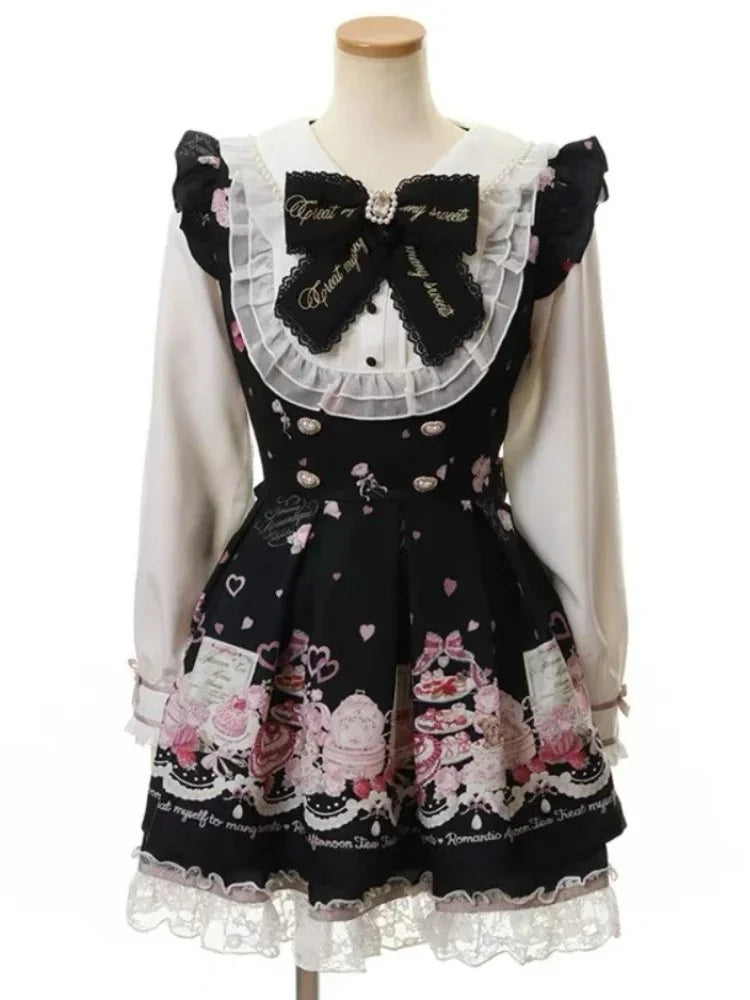 Japanese Y2K Aesthetics Vintage Bow Dress Shorts Set Women Gothic Lolita Style Long Sleeve Shirt Dress Elegant Party Dress Suits