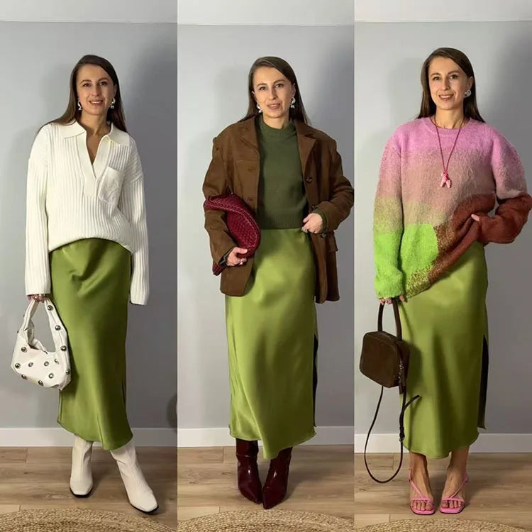 Women's Satin Midi Skirt – Elegant A-Line with Slit