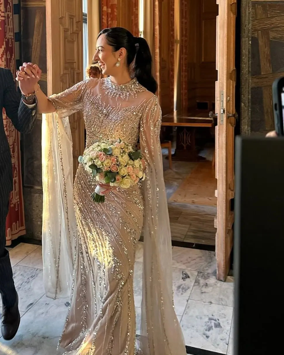 Luxury Beaded Mermaid Evening Gown | Cape Sleeve