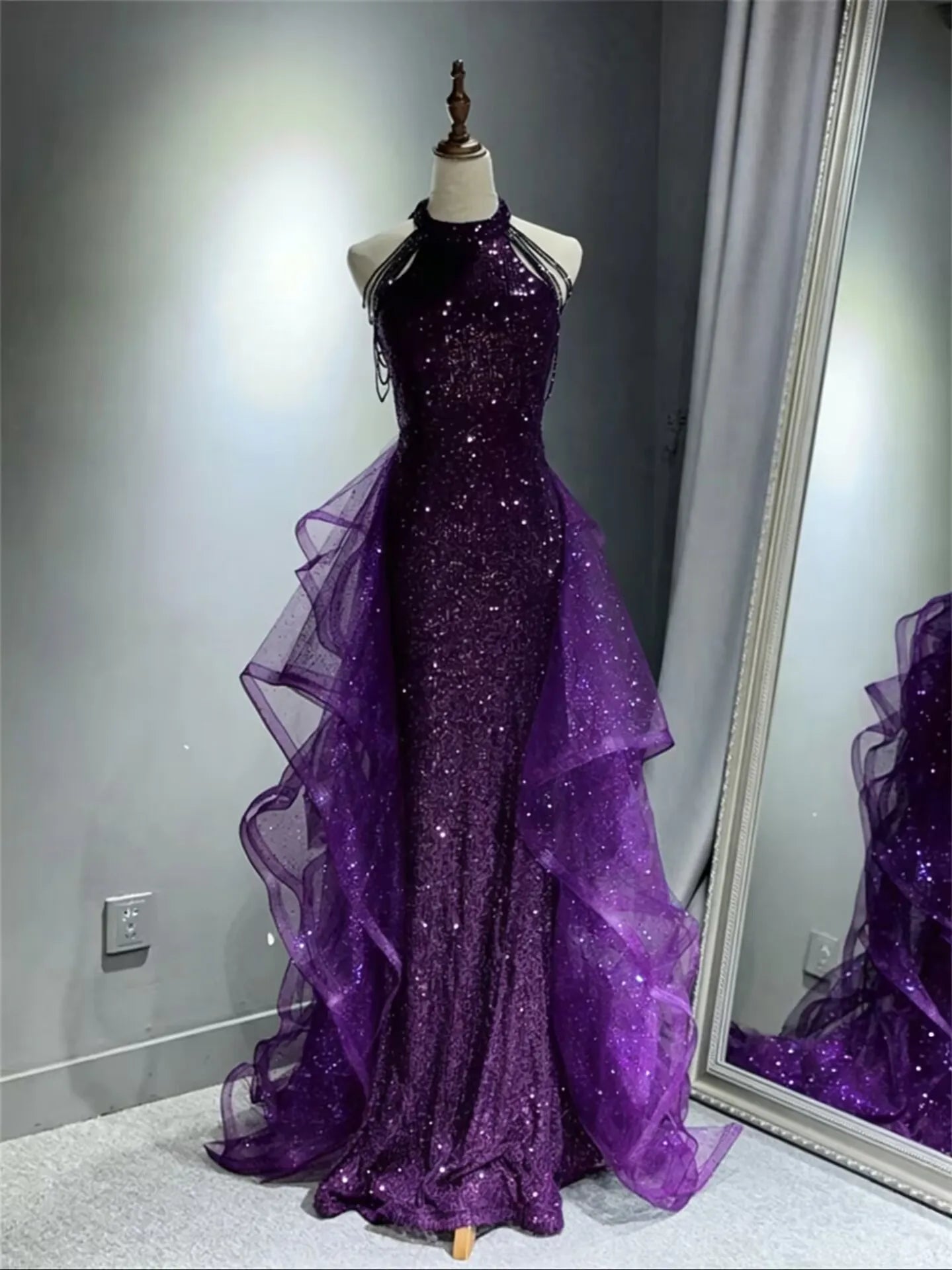 Elegant Sparkling Halter Evening Gown with Beading & Sweep Train