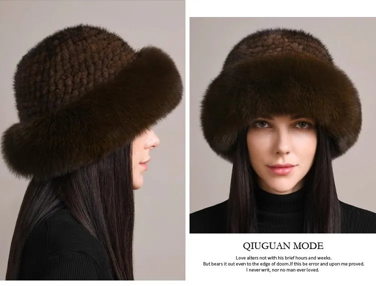 Genuine Knitted Mink Fur Hat with Fox Fur Brim
