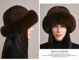 Genuine Knitted Mink Fur Hat with Fox Fur Brim
