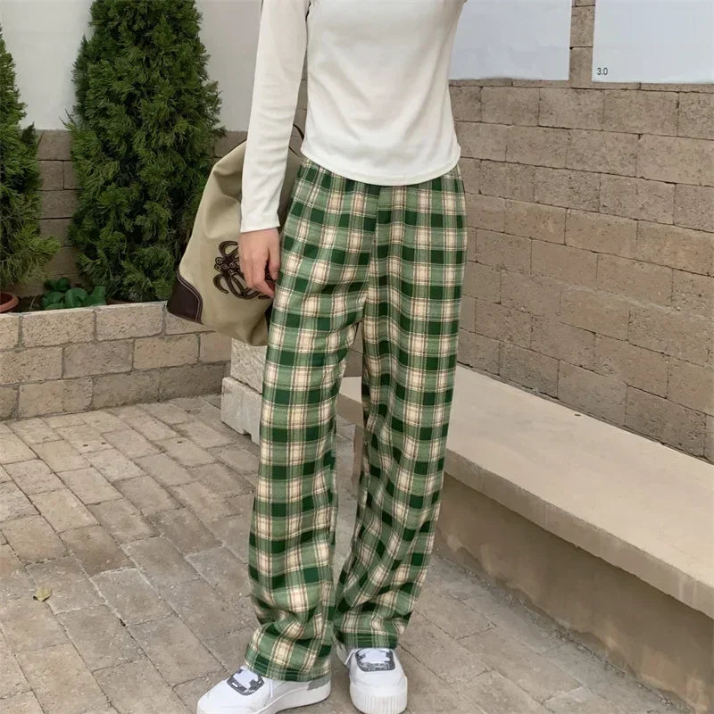 Plaid Plush Wide-Leg Trousers