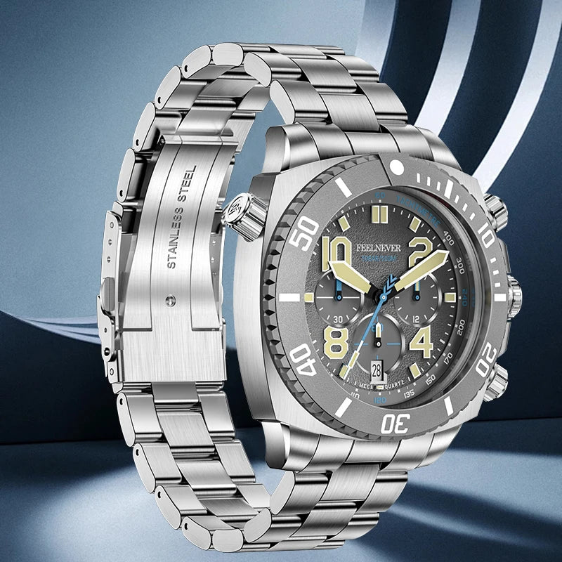 FeelNever Sport Automatic Movement Quartz Watch Stainless Steel Sapphire Crystal Watches Men 500M Waterproof Clocks Reloj Hombre