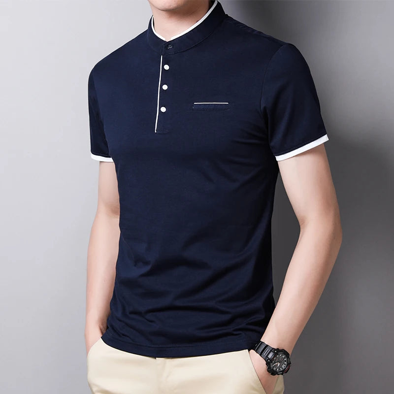 Men's Stand Collar Polo Tee – Solid, Anti-Wrinkle