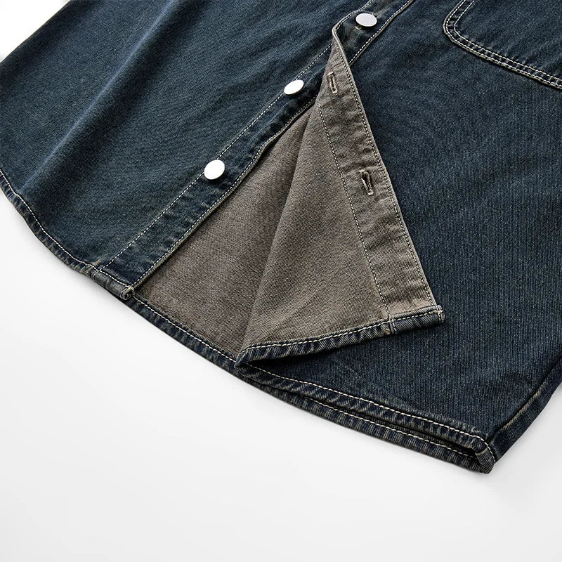 Heavy duty washed denim jacket for men vintage blue lapel long sleeved shirt style jacket casual and loose outer wear