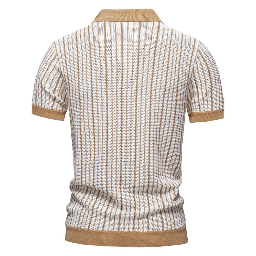 Men's Striped Mesh Polo – Contrast Panel, Breathable