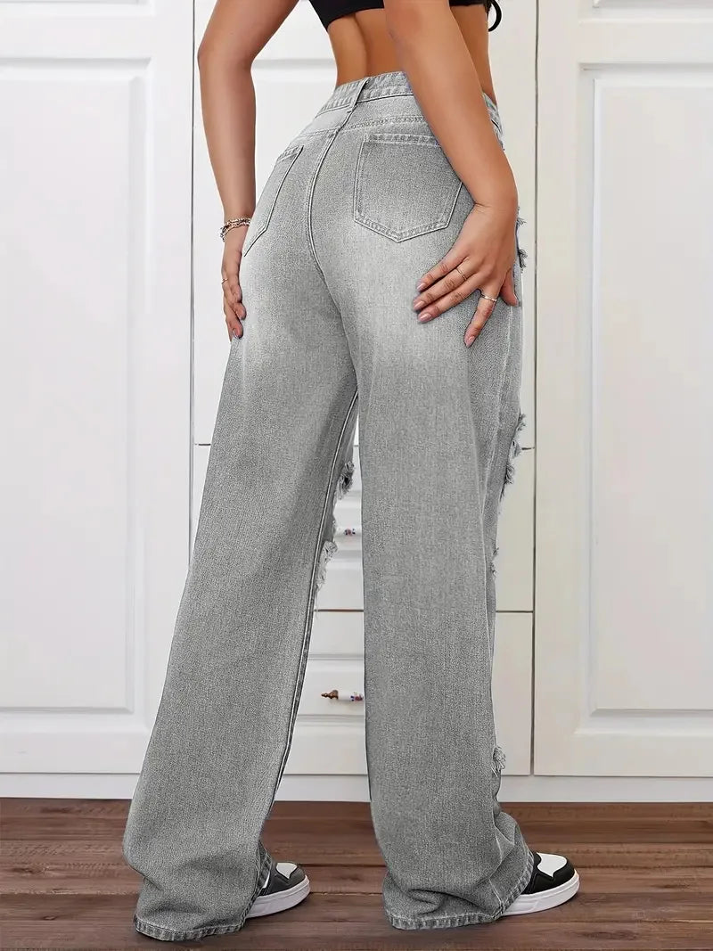 Women's Distressed Wide Leg Jeans | High Waist Denim