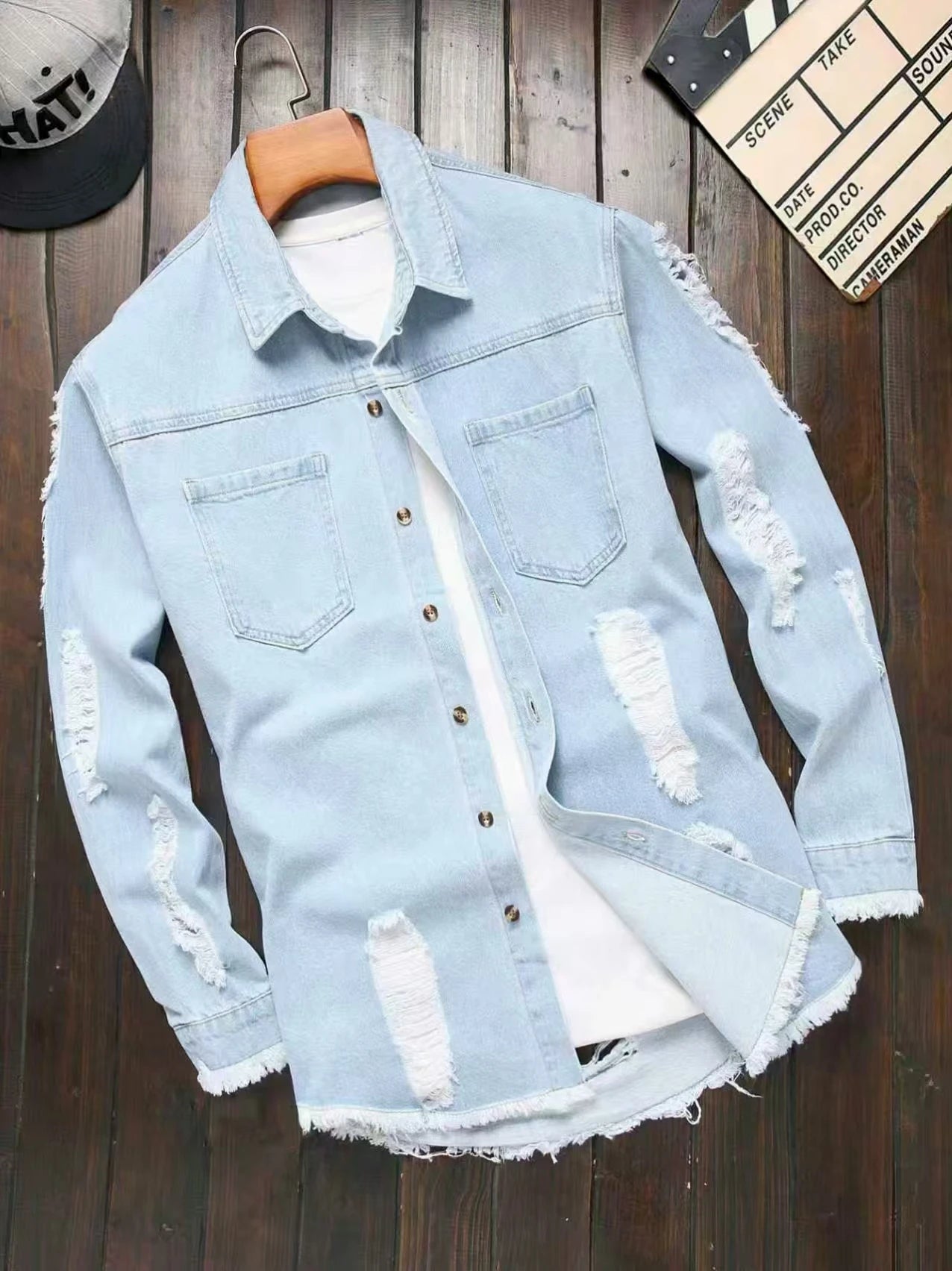 Men's Light Blue Ripped Distressed Washed Denim Long - Sleeve Shirt for Spring and Autumn