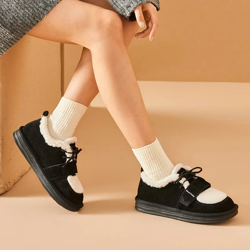 BeauToday Furry Flats Women | Cow Suede Warm Shoes