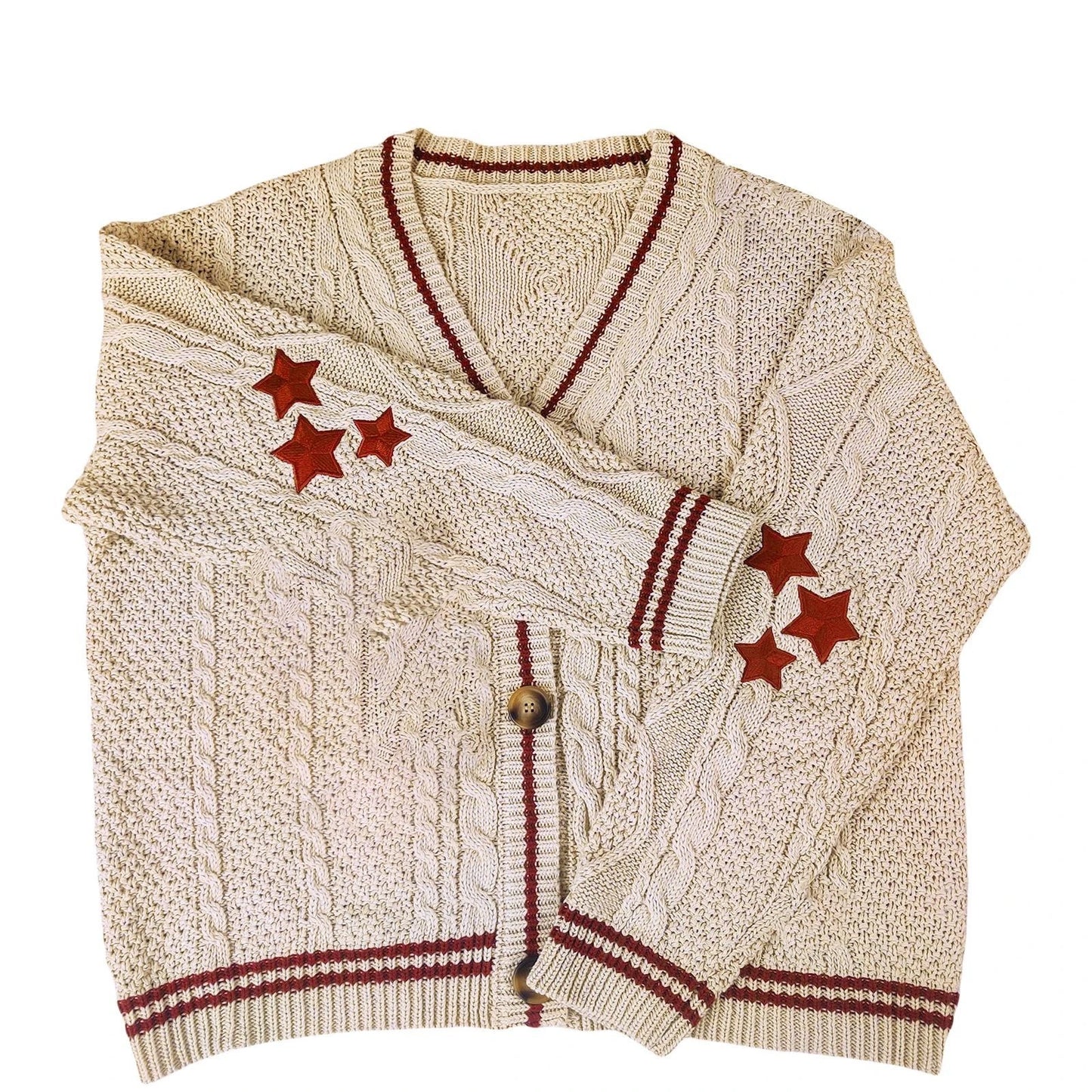 Chic Vintage Star Print Knit Cardigan - V-Neck Aesthetic Preppy Sweater