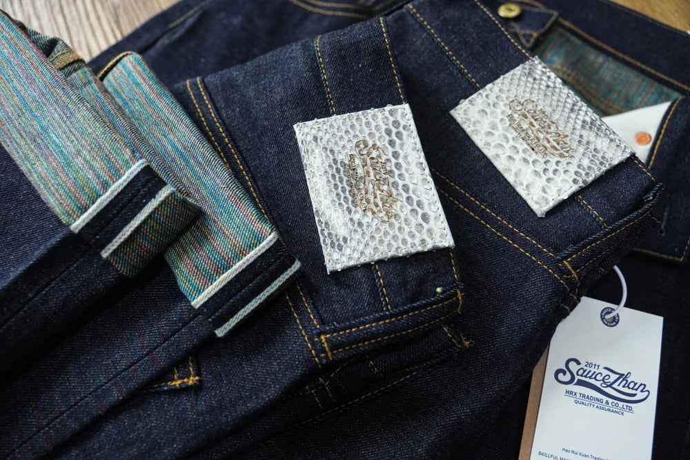 SAUCE ZHAN Mens Jeans Rainbow Sanforized Selvedge Denim Jeans Man Python Skin Labels Regular Fit 14 Oz