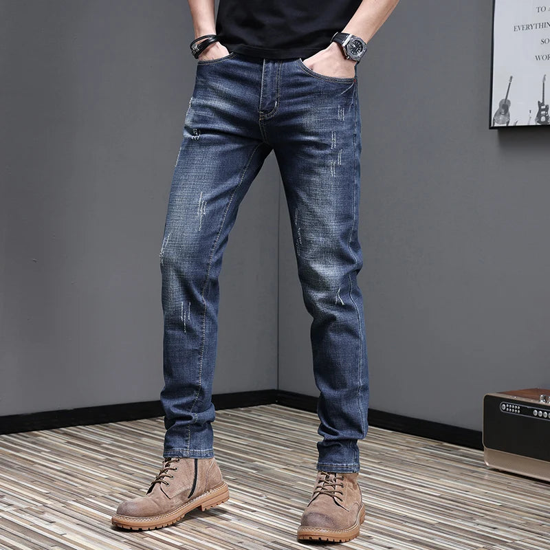 Embroidered Jeans Men's Autumn Winter New Korean Fashion Slim Little Feet Trousers Stretch Vintage Street Denim Trousers Male