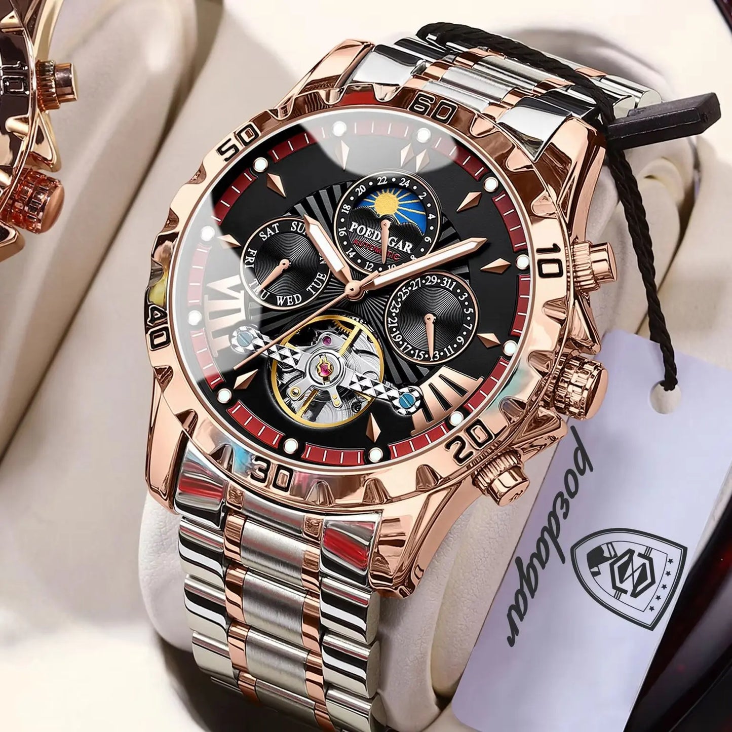 POEDAGAR Luxury Men Watch Luminous Waterproof Hollow Tourbillon Male Clock Week Date Business Automatic Mechanical Men's Watches