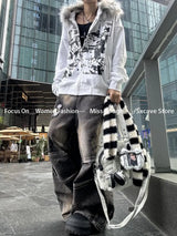 Korean Fashion Sweatshirts Harajuku Gothic Printed Coats Jackets Subculture Vintage Faux Fur Hooded Women Casual Y2k Clothing