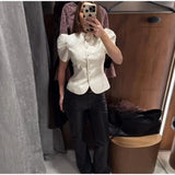2026 Spring Summer Short Puff Sleeve Frog Button Shirt For Women Stand Collar  Single Breasted Blouse Lady Chic Street Party Top