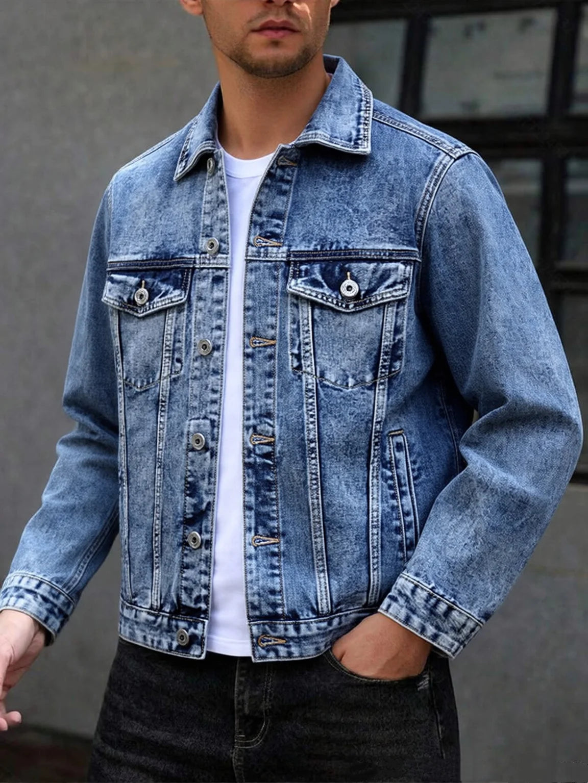 American style multi pocket denim jacket for men blue grey vintage washed loose fitting versatile trendy workwear jacket