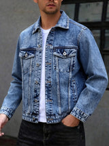American style multi pocket denim jacket for men blue grey vintage washed loose fitting versatile trendy workwear jacket