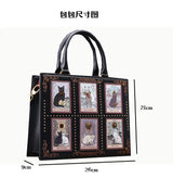 Vintage Luxury Leather Tote – Designer Cat Embroidery Shoulder Bag