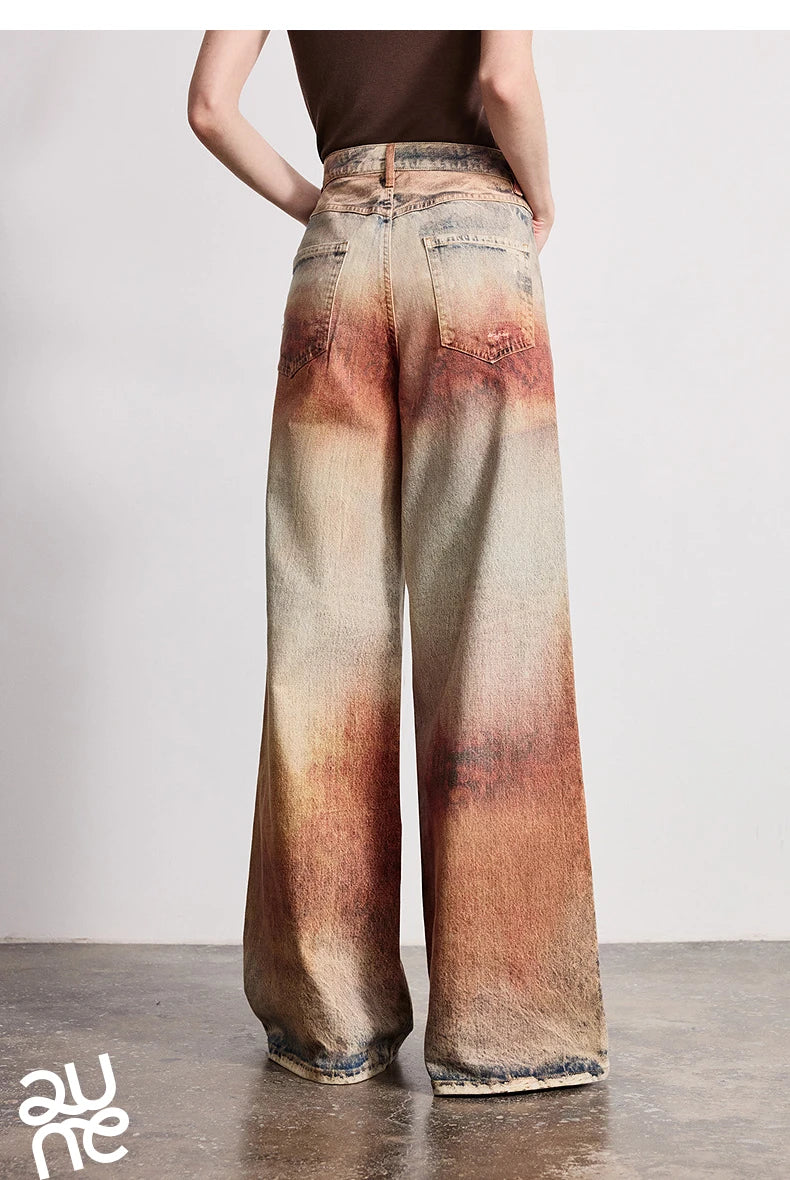 TOYOUTH Women Jeans 2026 Spring New Wilderness Wasteland Style Mid Low Waist Loose Printed Wide Leg Pants