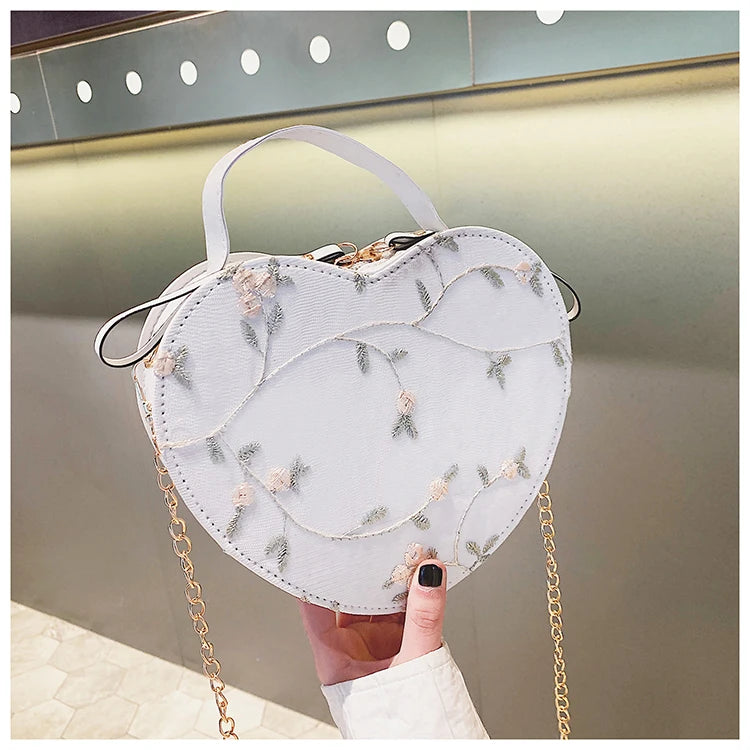 Female Sweet Lace Heart Round Handbags High Quality PU Leather Cross Body Bags for Women Small Fresh Flower Chain Shoulder Bags