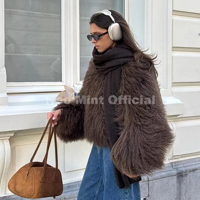Chic Faux Mongolia Sheep Fur Cropped Jacket