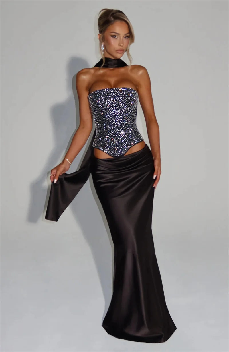 Mozision Sequins Sexy Dress Set Women Sparkle Scarf Collar Crop Tops And Maxi Skirt Elegant Club Party Satin Skirt Matching Set