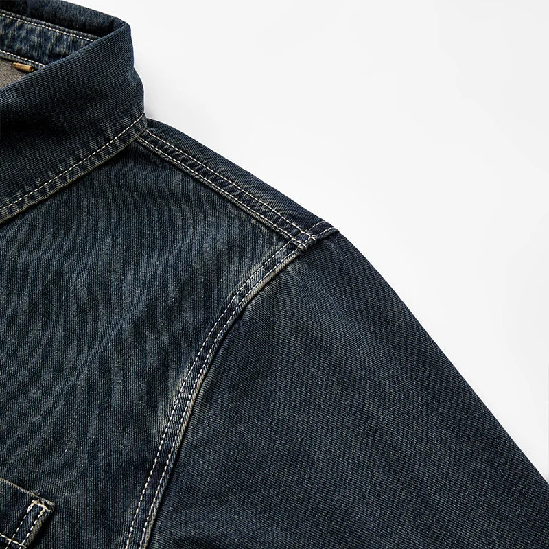 Heavy duty washed denim jacket for men vintage blue lapel long sleeved shirt style jacket casual and loose outer wear