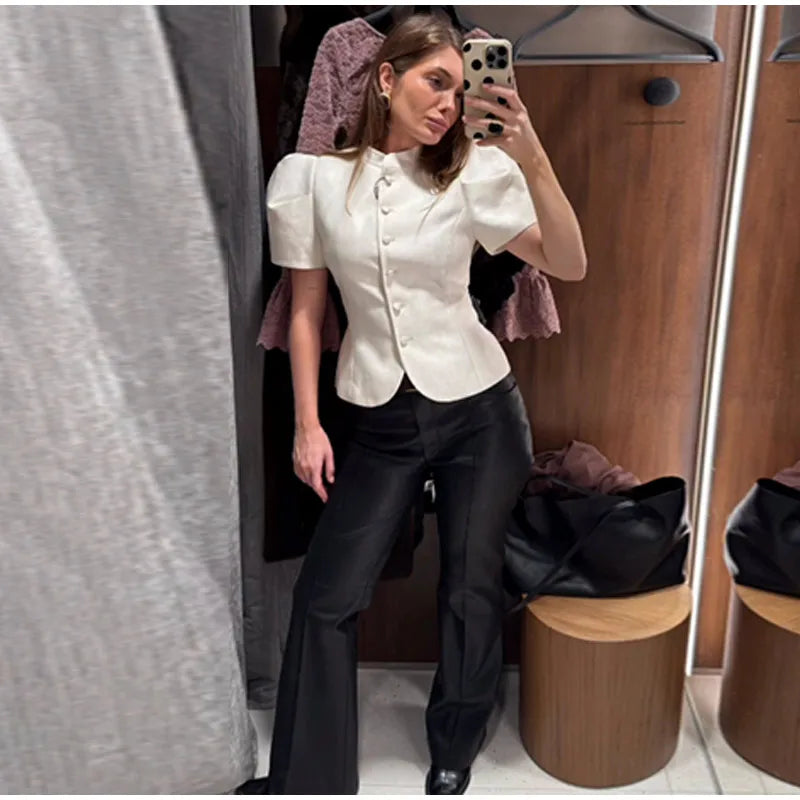 2026 Spring Summer Short Puff Sleeve Frog Button Shirt For Women Stand Collar  Single Breasted Blouse Lady Chic Street Party Top