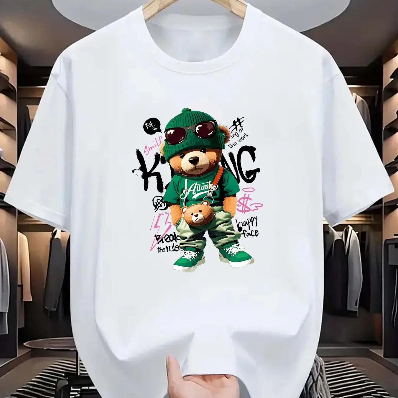 Men’s Geometric Bear Print 100% Cotton Oversized T-Shirt