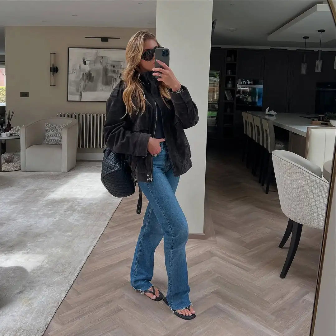 Brown Retro Suede Lapel Zippered Short Jackets Women's Casual Full Sleeves Pocket Loose Coats 2026 Spring Daily Commute Outwear