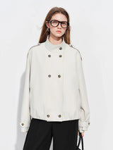 FSLE【Premium Series】Women's Oversize Short Trench Coat Brown Faux Leather Belted Jacket Grey Windbreaker Y2K Retro Outerwear