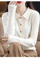 Polo Collar Spun Wool Cardigan – Elegant Single-Breasted Knit Jacket