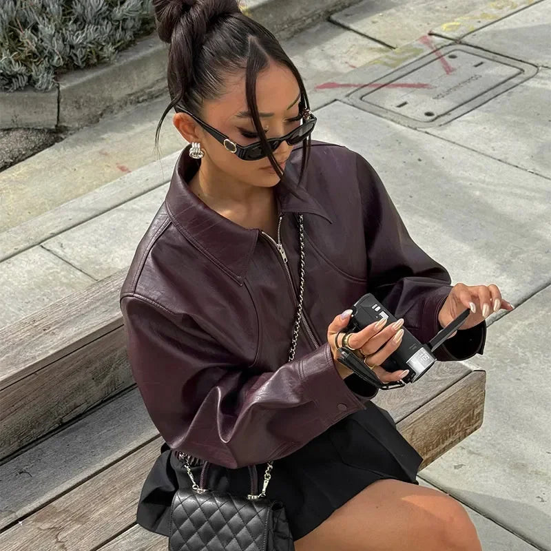 Vintage Wine Red Loose Short Leather Jacket Women Fashion Lapel Long Sleeves Zipper Cropped Coat 2025 Autumn Lady Street Outwear