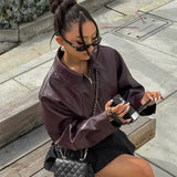 Vintage Wine Red Loose Short Leather Jacket Women Fashion Lapel Long Sleeves Zipper Cropped Coat 2025 Autumn Lady Street Outwear